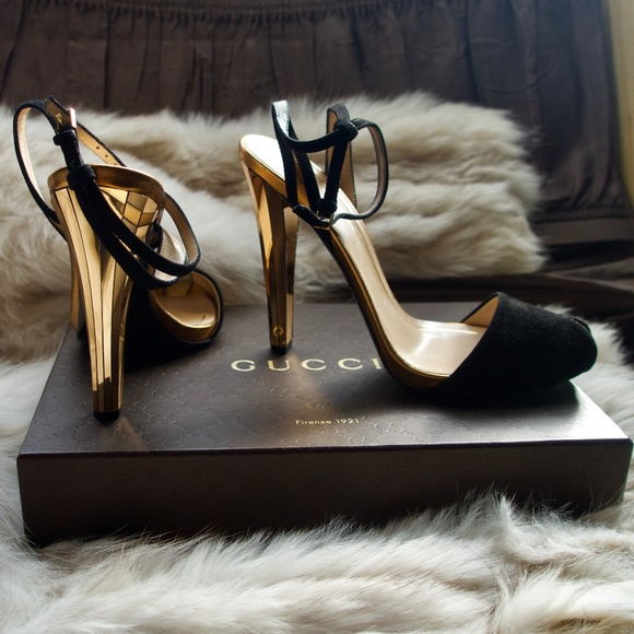 Gucci Shoes - Gucci Black Suede Gold Mirror Heel  Size 39 1/2
